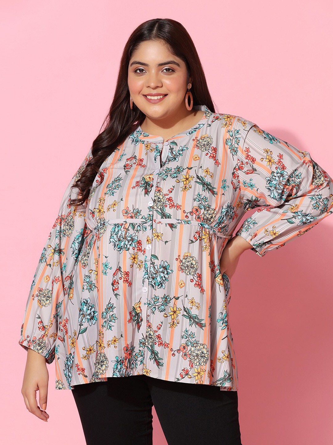 

FASHION DREAM Plus Size Floral Print Shirt Style Top, Beige