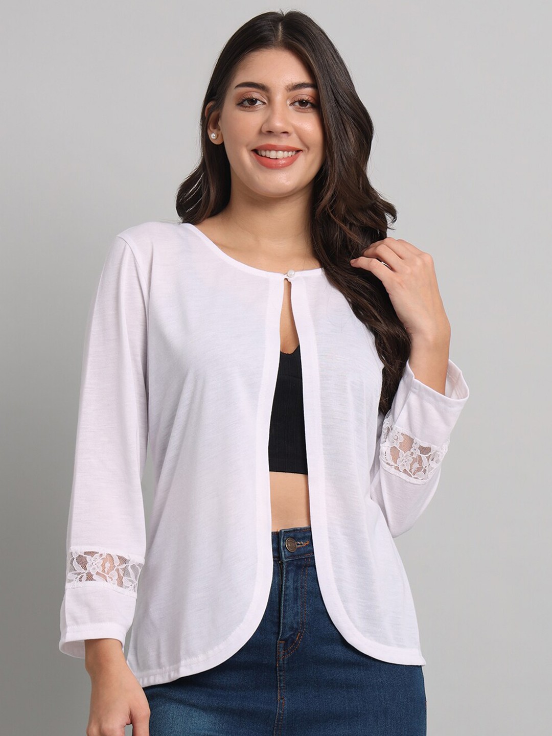 

urSense Lace Insert Cotton Open Front Shrug, White