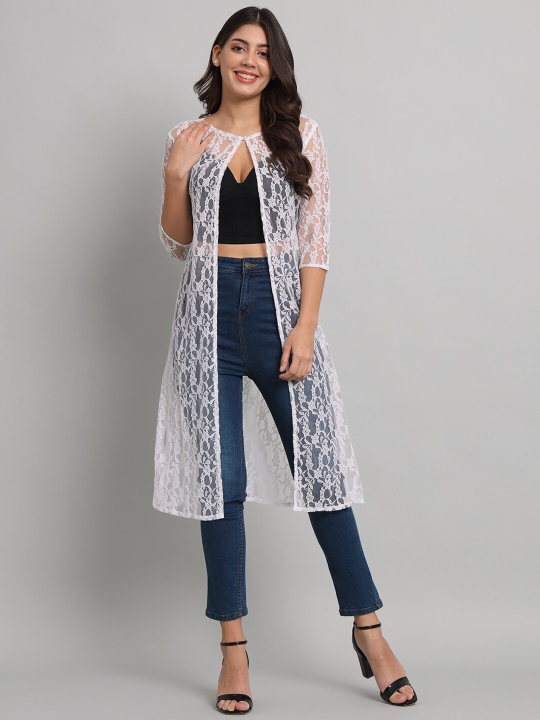 

urSense Self Design Laced Longline Sheer Button Shrug, White