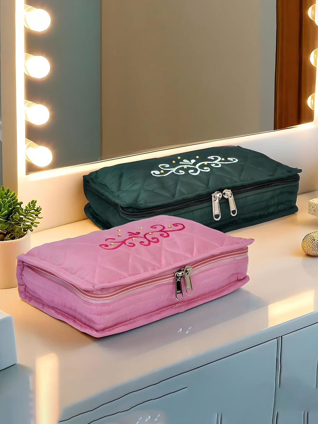 

Kuber Industries 2 Pcs Pink & Green Embroidered Makeup Organiser