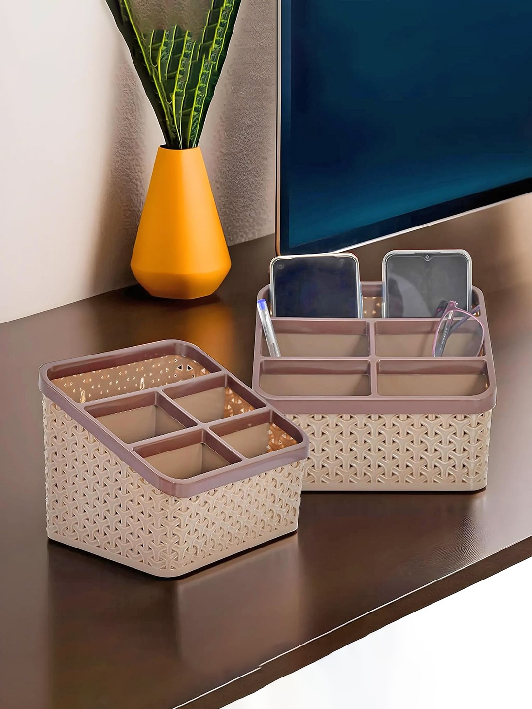

Kuber Industries Brown 2 Pieces Multi-Purpose Compact Desk Storage Organizers