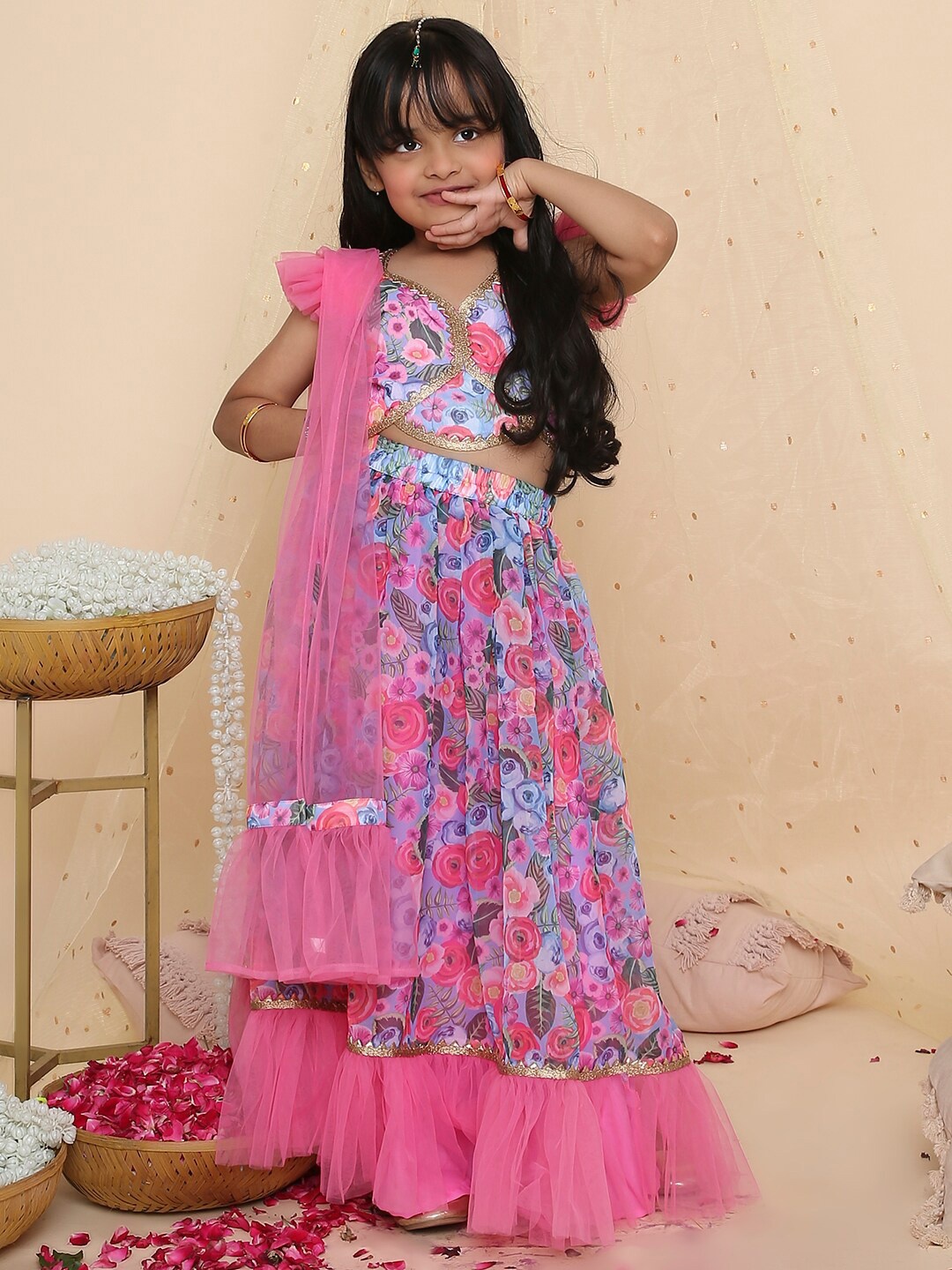 

KID1 Girls Printed Ready to Wear Lehenga Choli With Dupatta, Pink