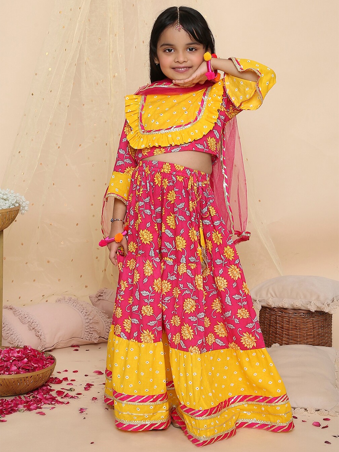 

KID1 Girls Printed Ready to Wear Cotton Lehenga Choli With Dupatta, Red