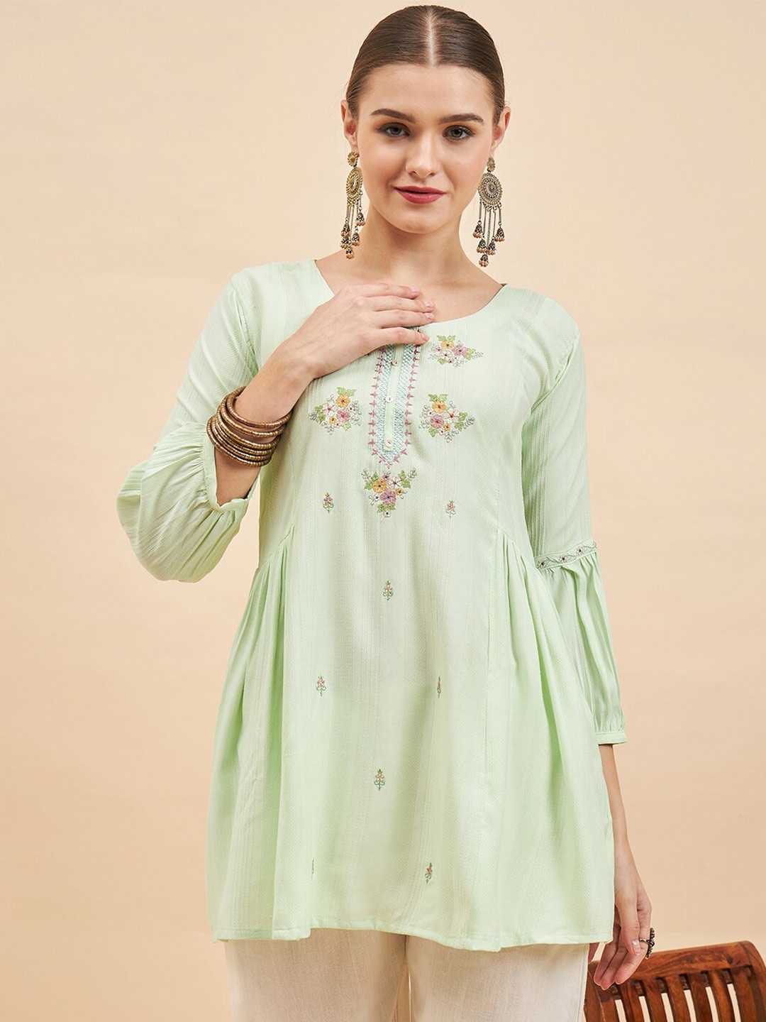 

Sangria Ethnic Motifs Embroidered A Line Kurti, Green