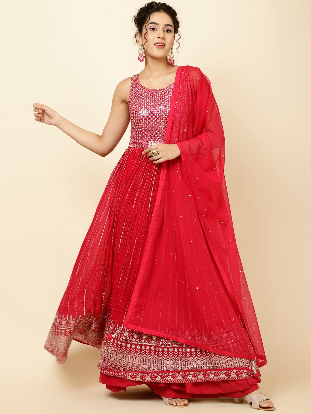 

Meena Bazaar Ethnic Motifs Embroidered Mirror Work A-Line Kurta With Churidar & Dupatta, Pink