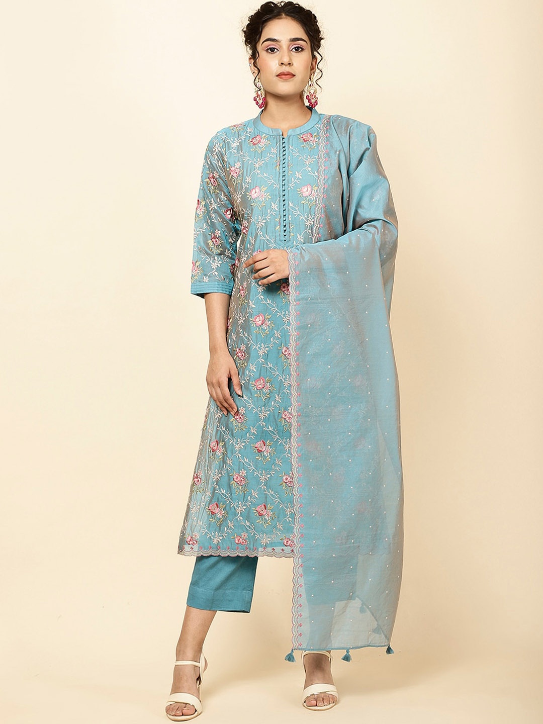 

Meena Bazaar Floral Embroidered Kurta With Trousers & Dupatta, Blue
