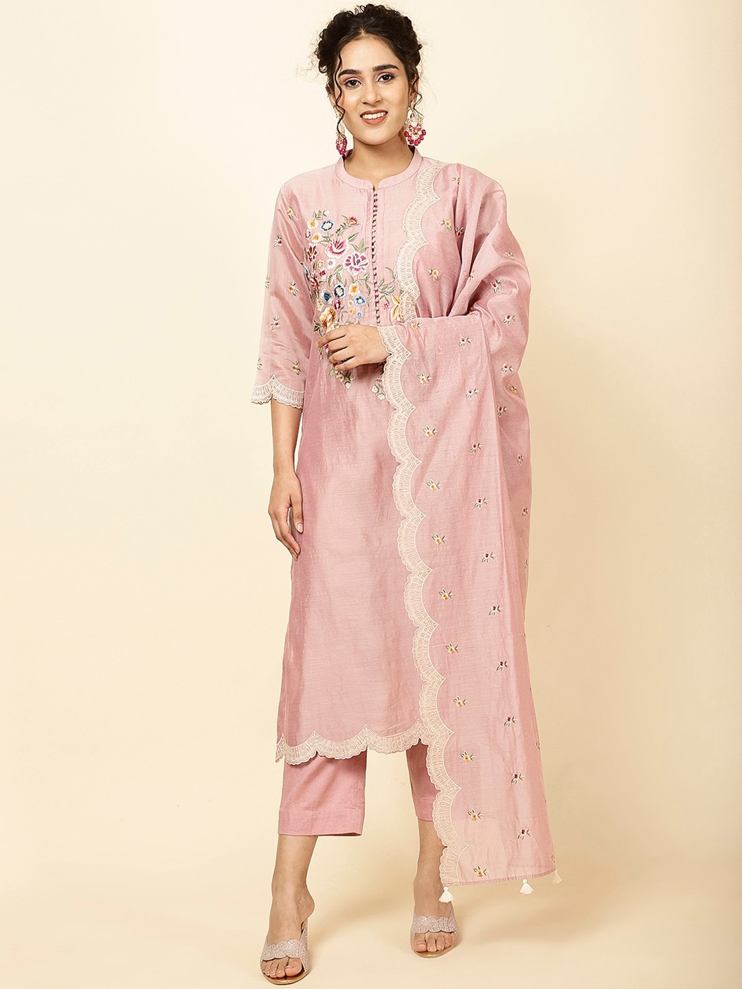 

Meena Bazaar Floral Embroidered Thread Work Kurta With Trousers & Dupatta, Peach