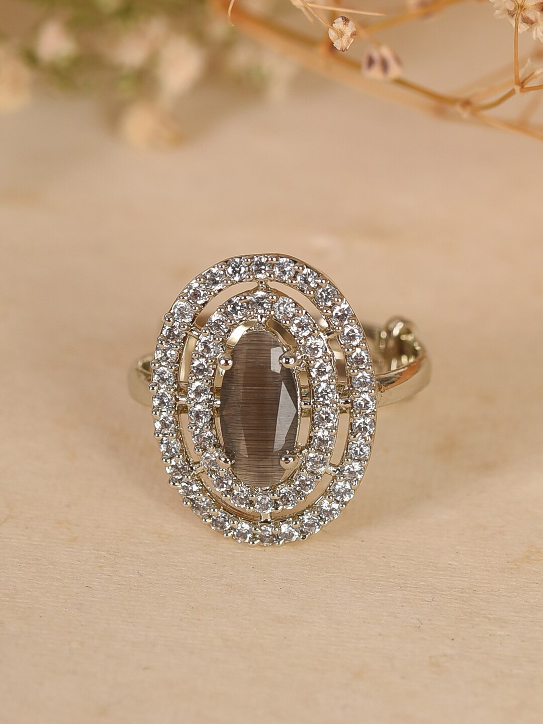 

VIRAASI Rhodium Plated AD Studded Adjustable Finger Ring, Silver