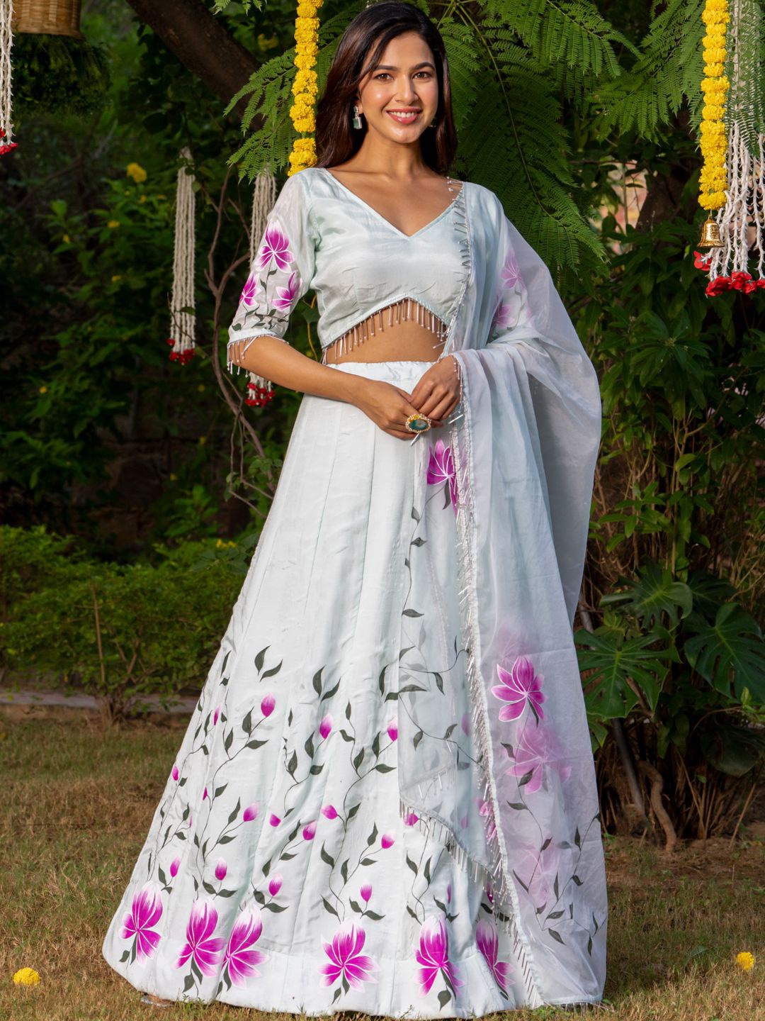 

HOUSE OF JAMOTI Floral Printed Ready to Wear Lehenga Choli With Dupatta, Purple