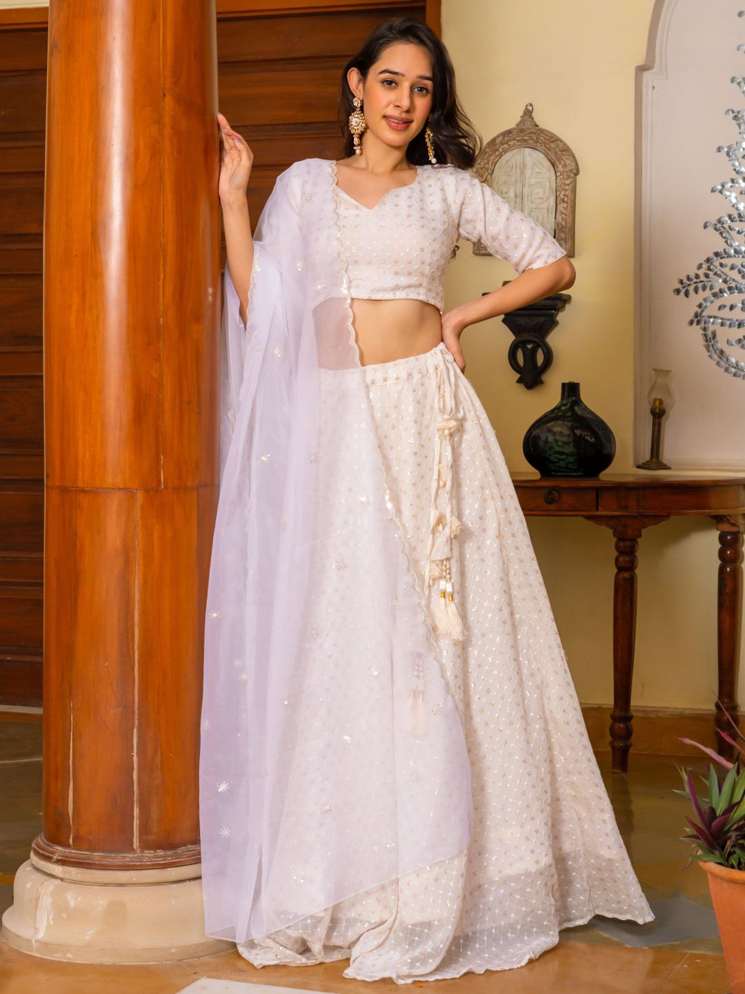 

HOUSE OF JAMOTI Embellished Ready to Wear Lehenga & Blouse With Dupatta, White