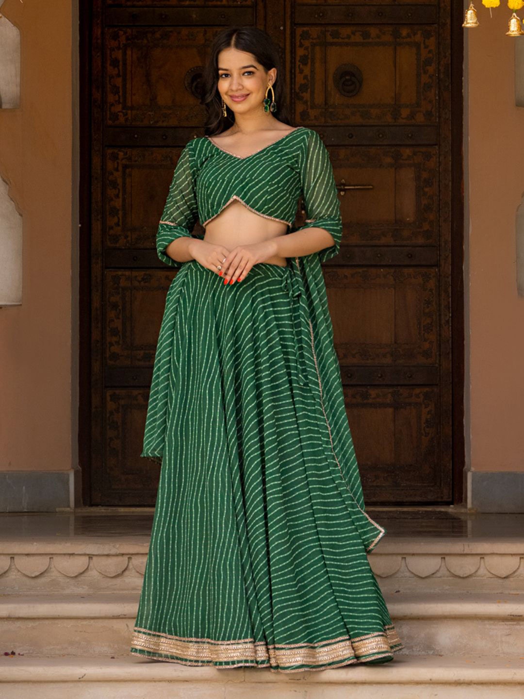 

HOUSE OF JAMOTI Leheriya Printed Ready to Wear Lehenga & Blouse With Dupatta, Green