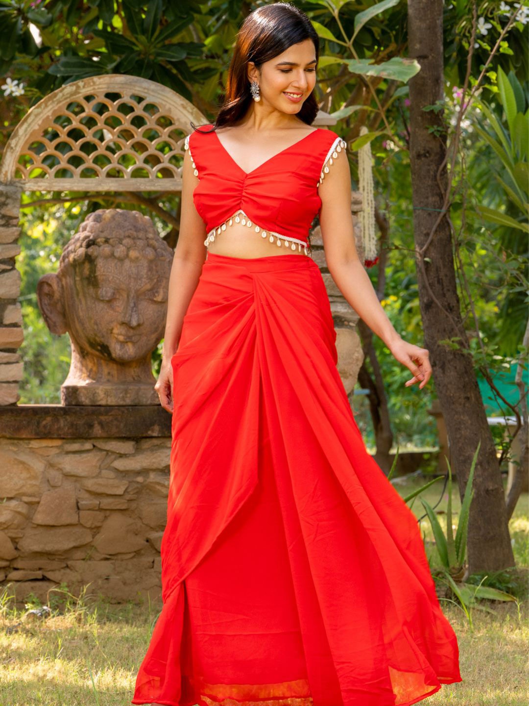 

HOUSE OF JAMOTI V-Neck Crop Top With Maxi Skirt, Red