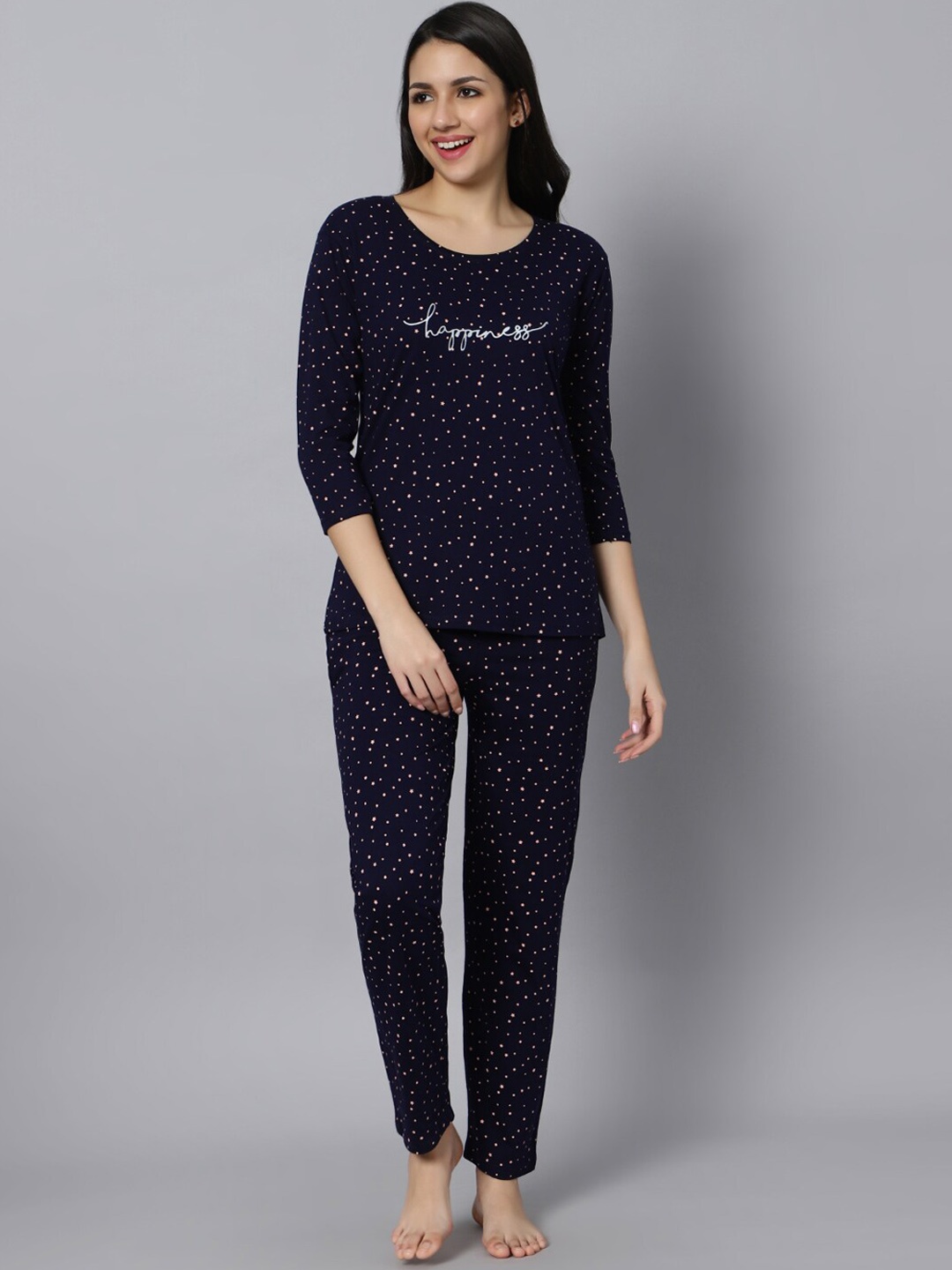 

DZZO Geometric Printed Night Suit, Navy blue