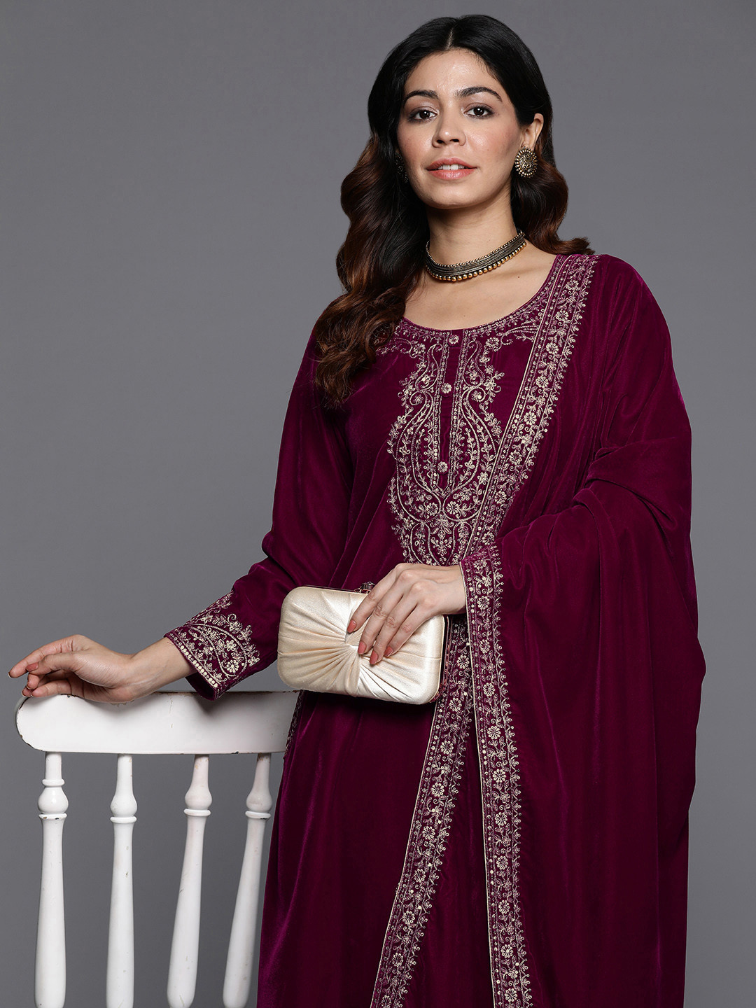

Libas Floral Yoke Design Regular Sequinned Velvet Kurta with Palazzos & Dupatta, Fuchsia