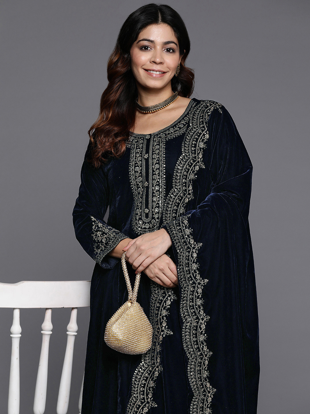 

Libas Floral Yoke Design Pleated Sequinned Velvet Kurta with Palazzos & Dupatta, Navy blue