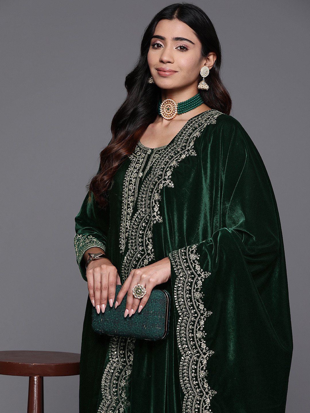 

Libas Women Floral Yoke Design Pleated Sequinned Velvet Kurta with Palazzos & Dupatta, Green