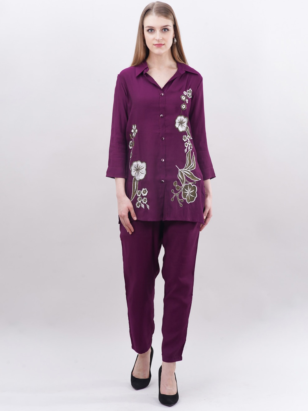 

Ashnaina Floral Embroidered Shirt Collar Tunic With Trouser, Purple