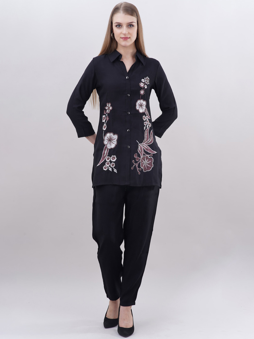 

Ashnaina Floral Embroidered Shirt Collar Tunic With Trouser, Black