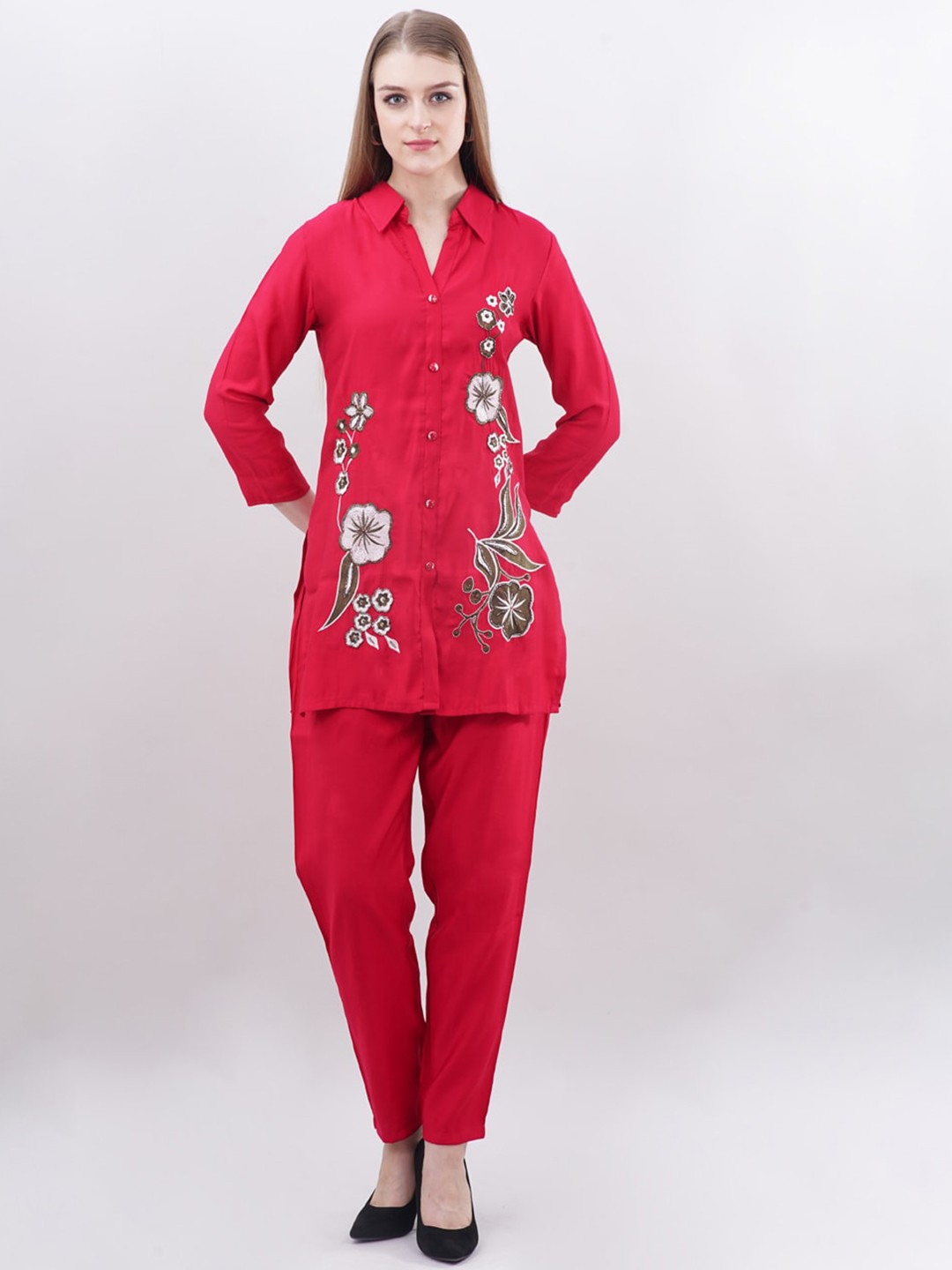 

Ashnaina Floral Embroidered Shirt Collar Tunic With Trouser, Red