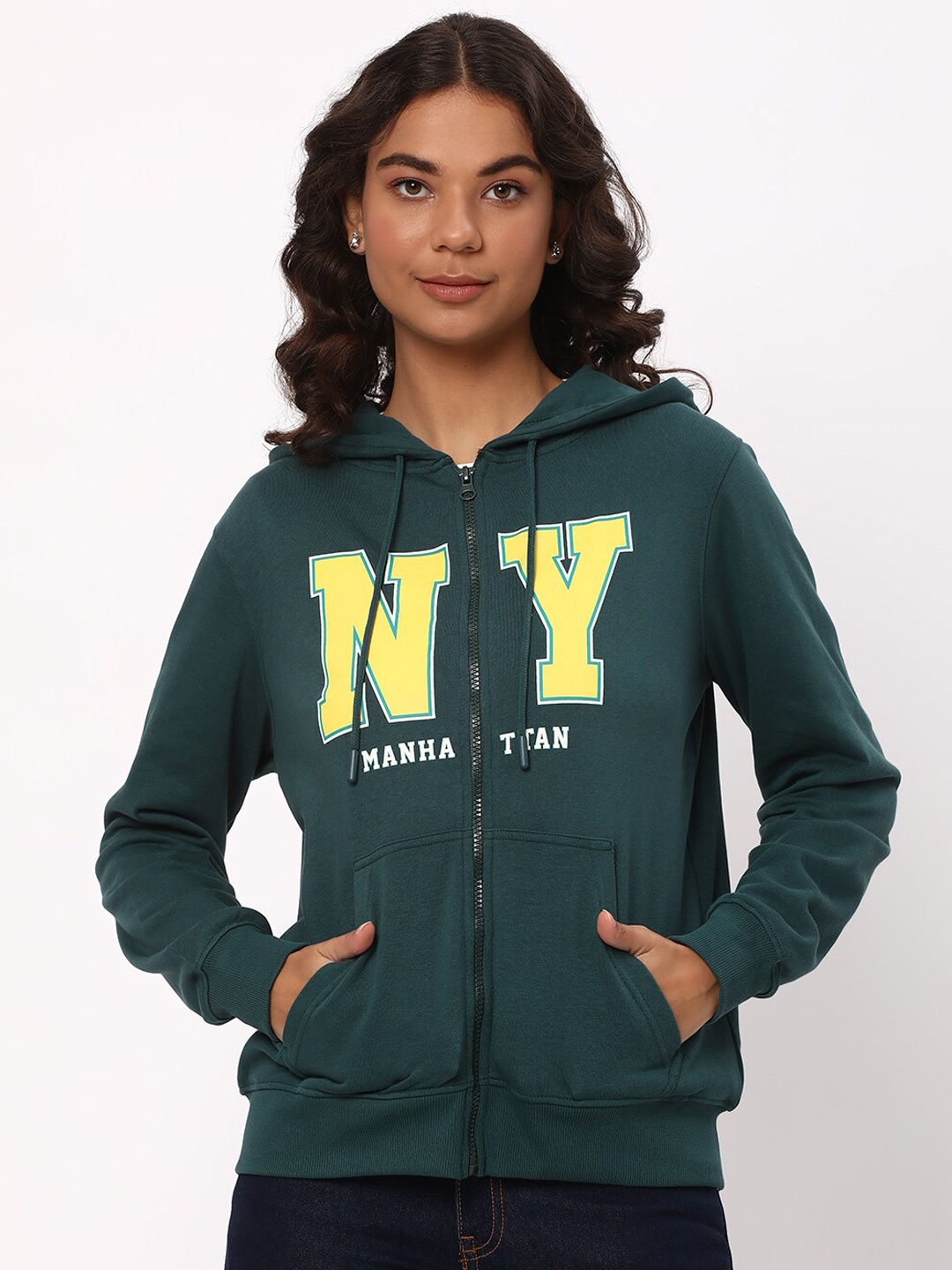 

R&B Typography Printed Long Sleeves Cotton Hooded Front-Open Sweatshirts, Green