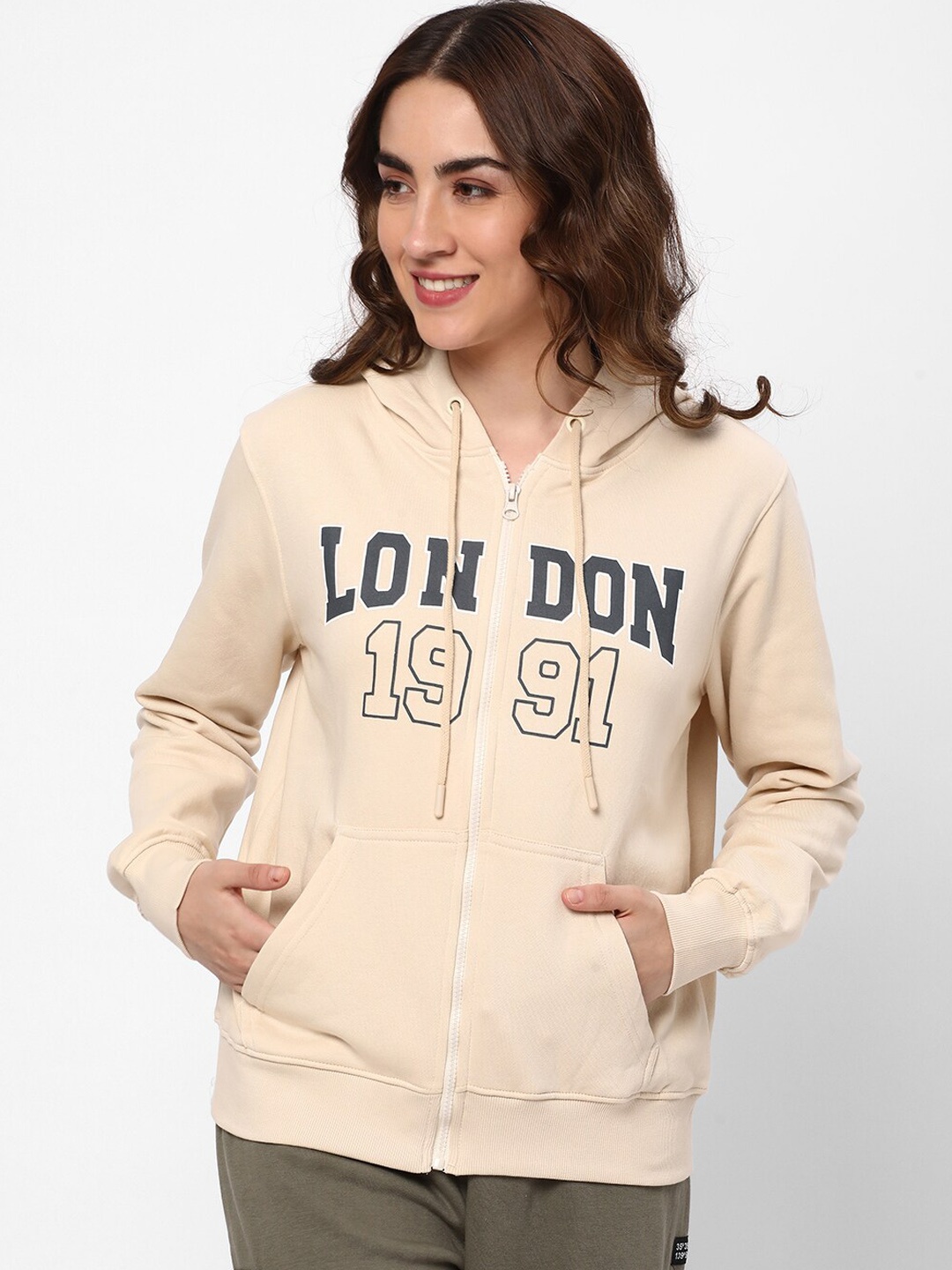 

R&B Typography Printed Hooded Cotton Bomber Jacket, Beige