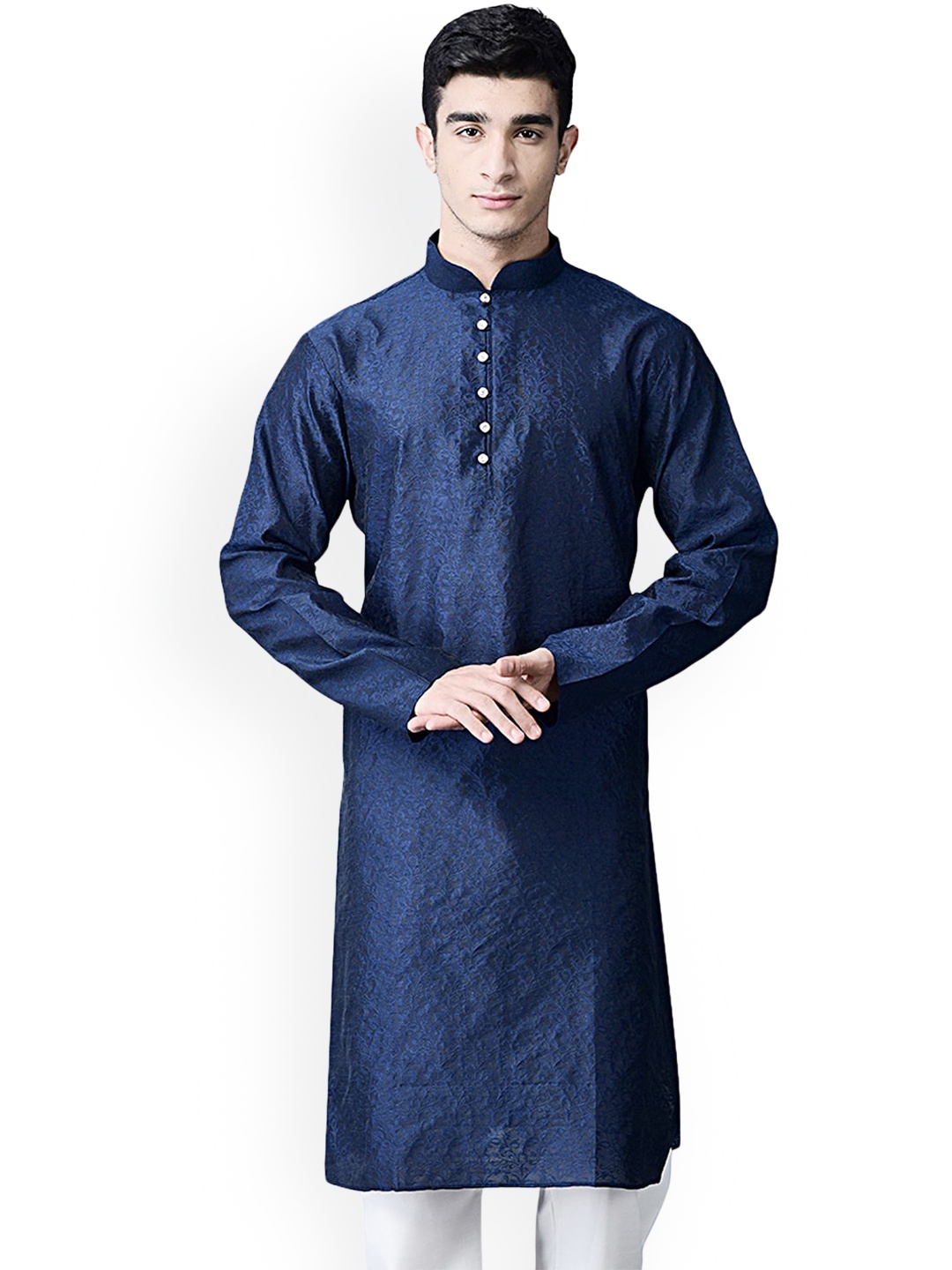 

SG LEMAN Men Woven Design Thread Work Jacquard Kurta, Navy blue