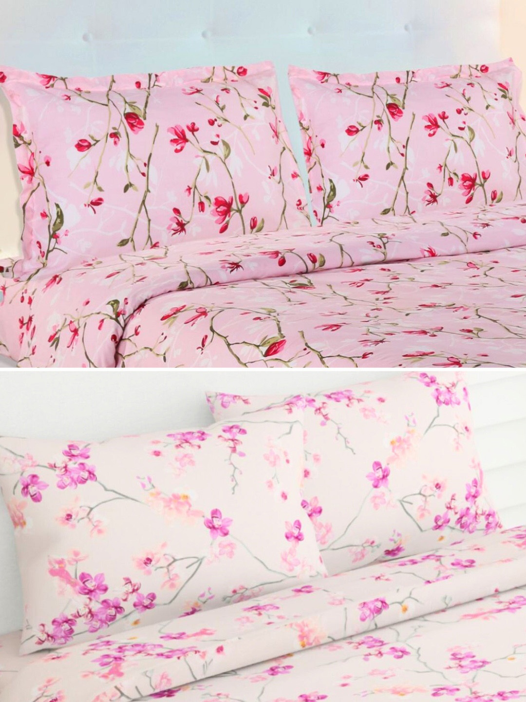 

haus & kinder Pink & White Floral Cotton 186 TC 2 Queen Bedsheet With 4 Pillow Covers