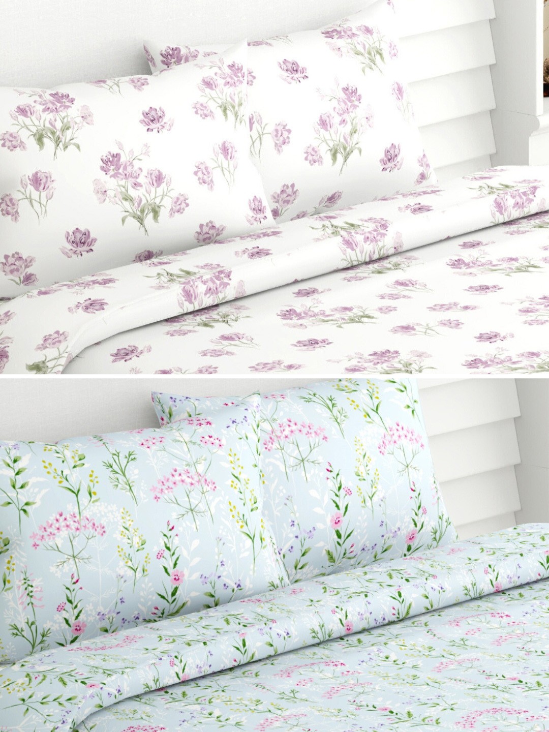 

haus & kinder Blue & White Floral Cotton 186 TC 2 Queen Bedsheet With 4 Pillow Covers