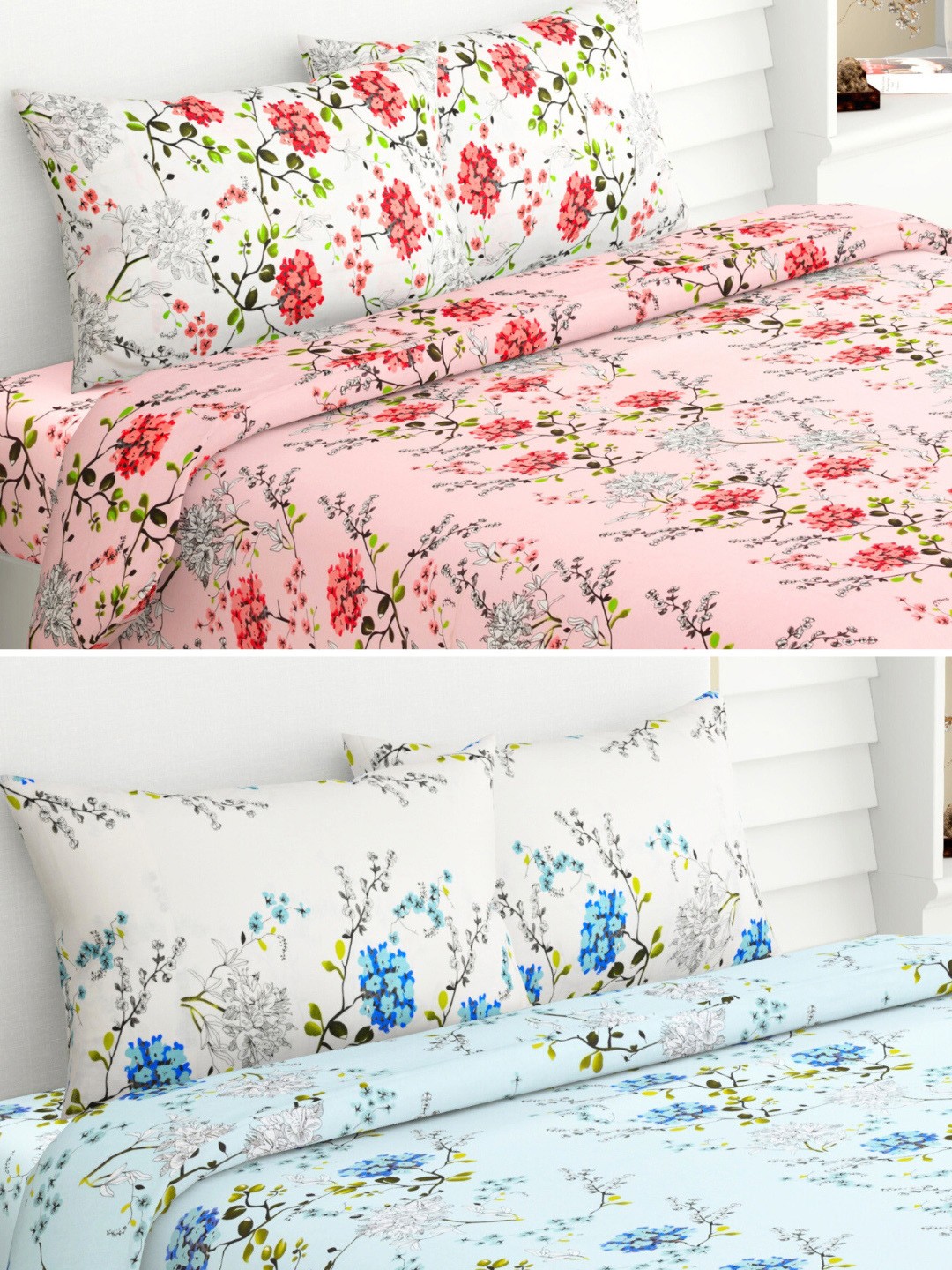 

haus & kinder Pink & Blue Floral Cotton 186 TC 2 Queen Bedsheet With 4 Pillow Covers