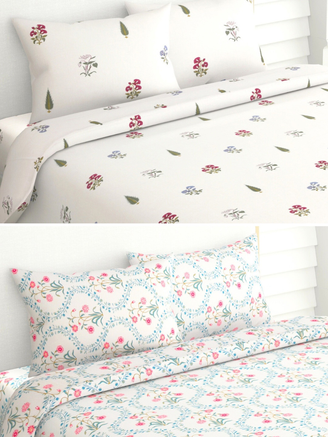 

haus & kinder White & Blue Ethnic Motifs Cotton 186 TC 2 Queen Bedsheet & 4 Pillow Covers