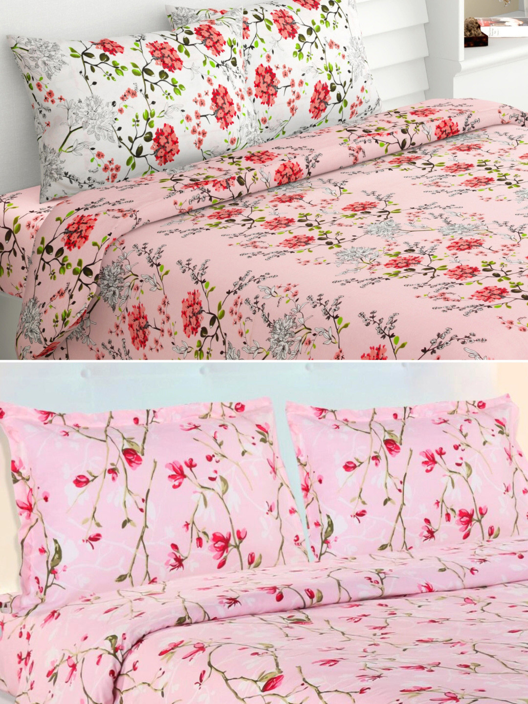 

haus & kinder Pink & White Floral Cotton 186 TC 2 Queen Bedsheet With 4 Pillow Covers