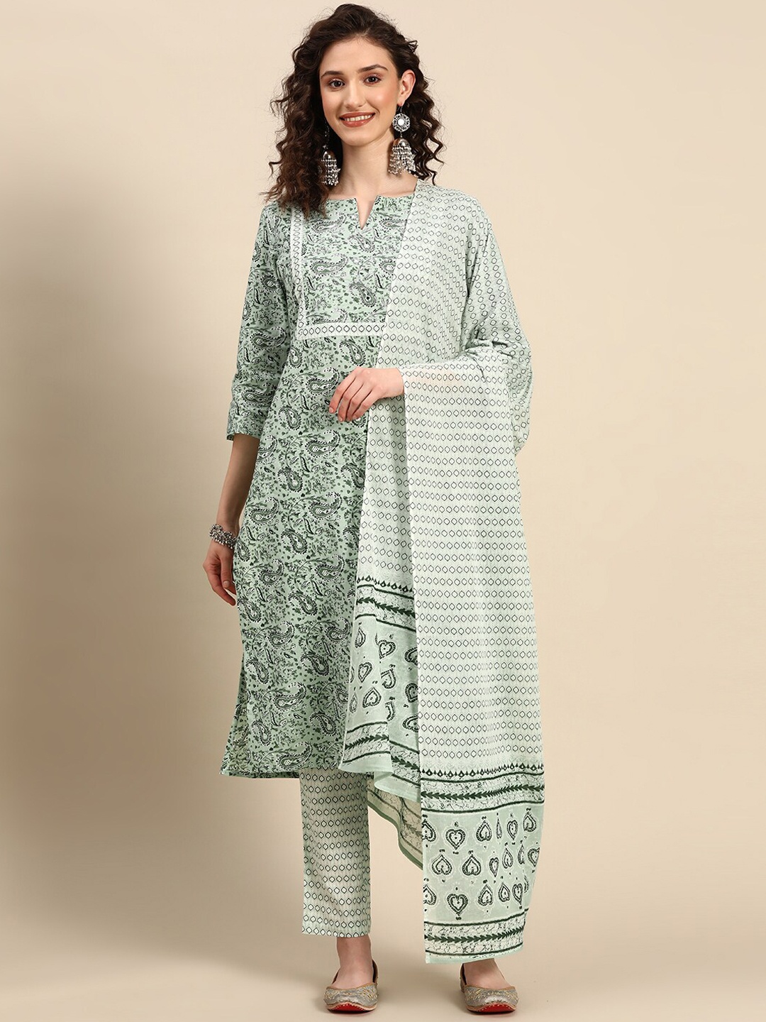

KALINI Paisley Printed Pure Cotton Straight Kurta with Trouser & Dupatta, Green