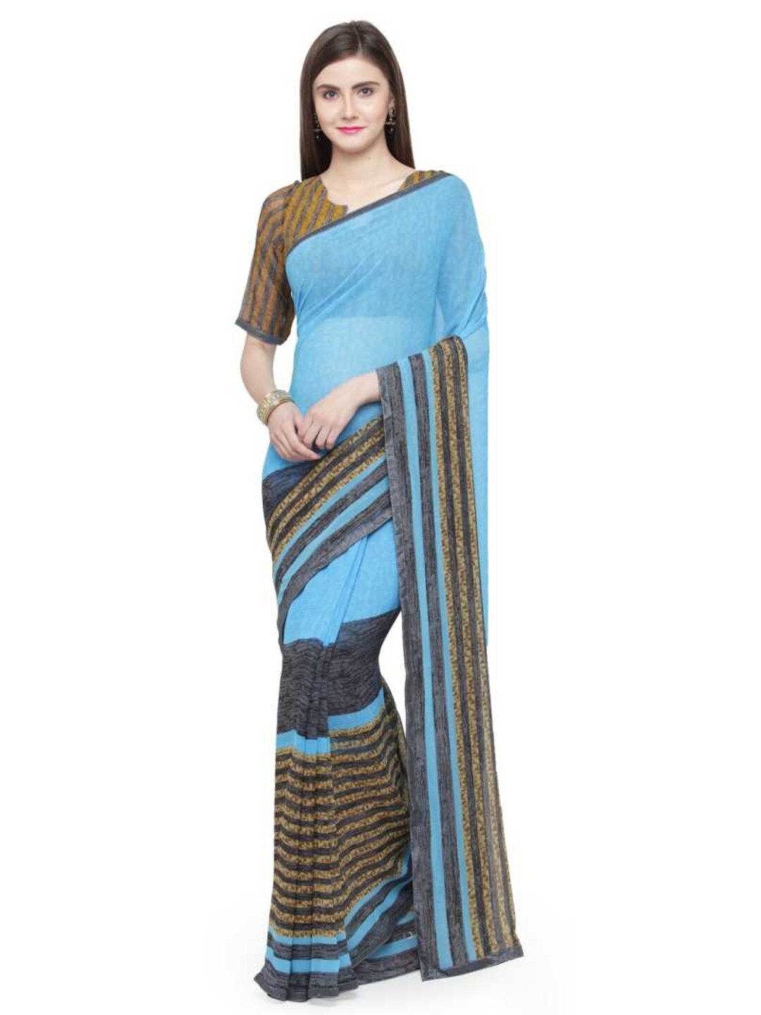 

KALINI Striped Poly Georgette Saree, Blue