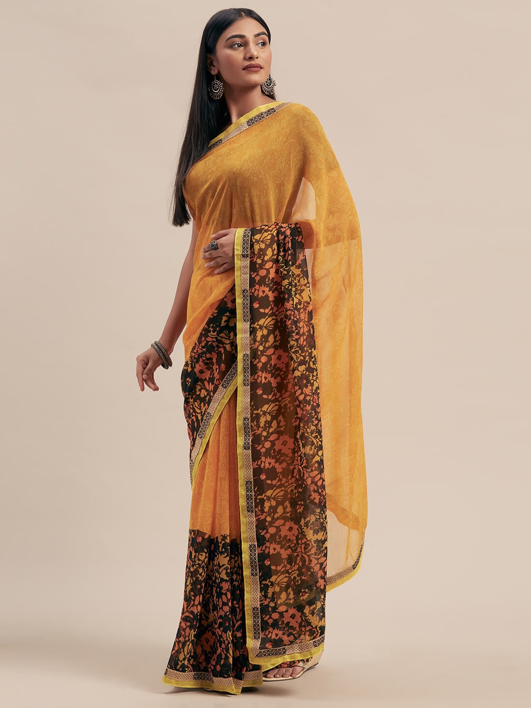 

KALINI Floral Printed Poly Georgette Saree, Mustard