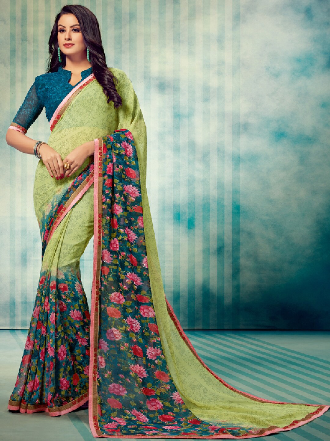 

KALINI Floral Printed Georgette Saree, Green