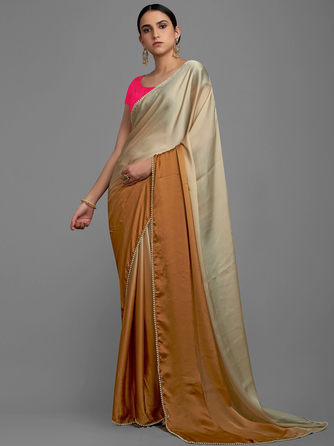 

KALINI Colourblocked Beads and Stones Satin Saree, Brown