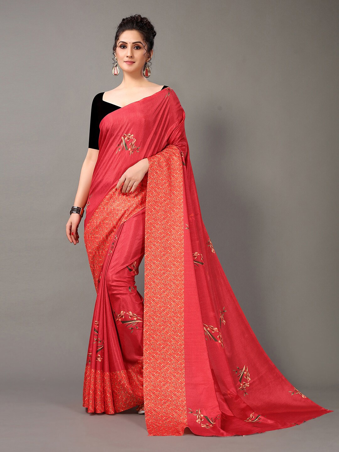 

KALINI Floral Printed Poly Georgette Saree, Red