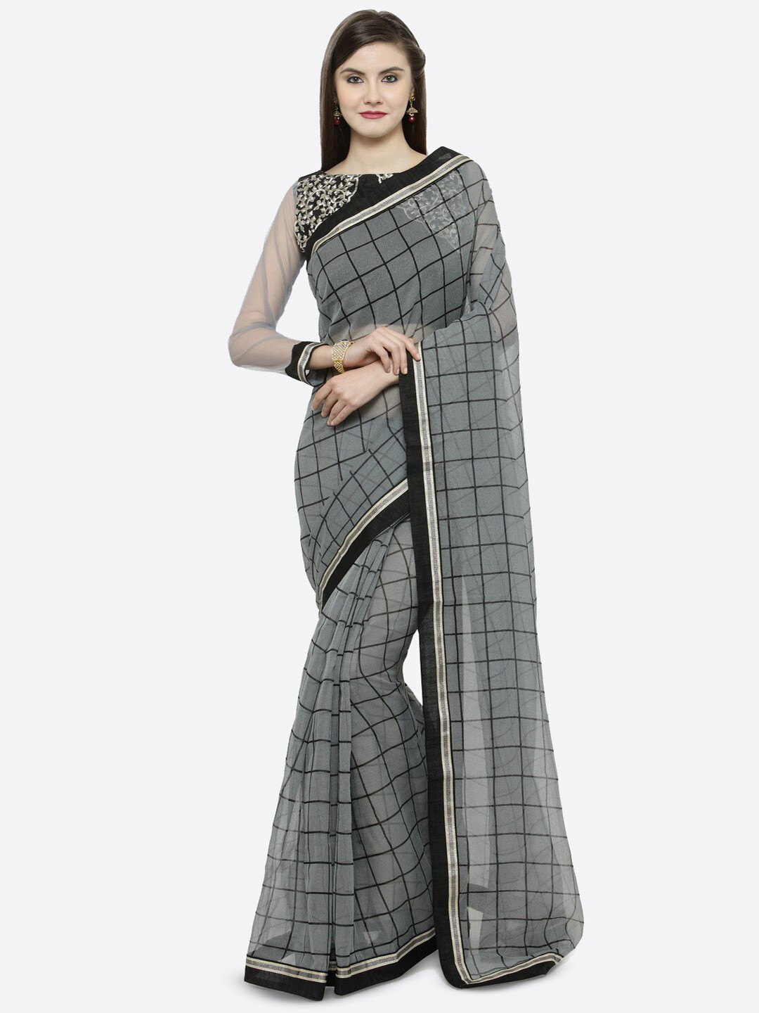 

KALINI Checked Net Saree, Grey