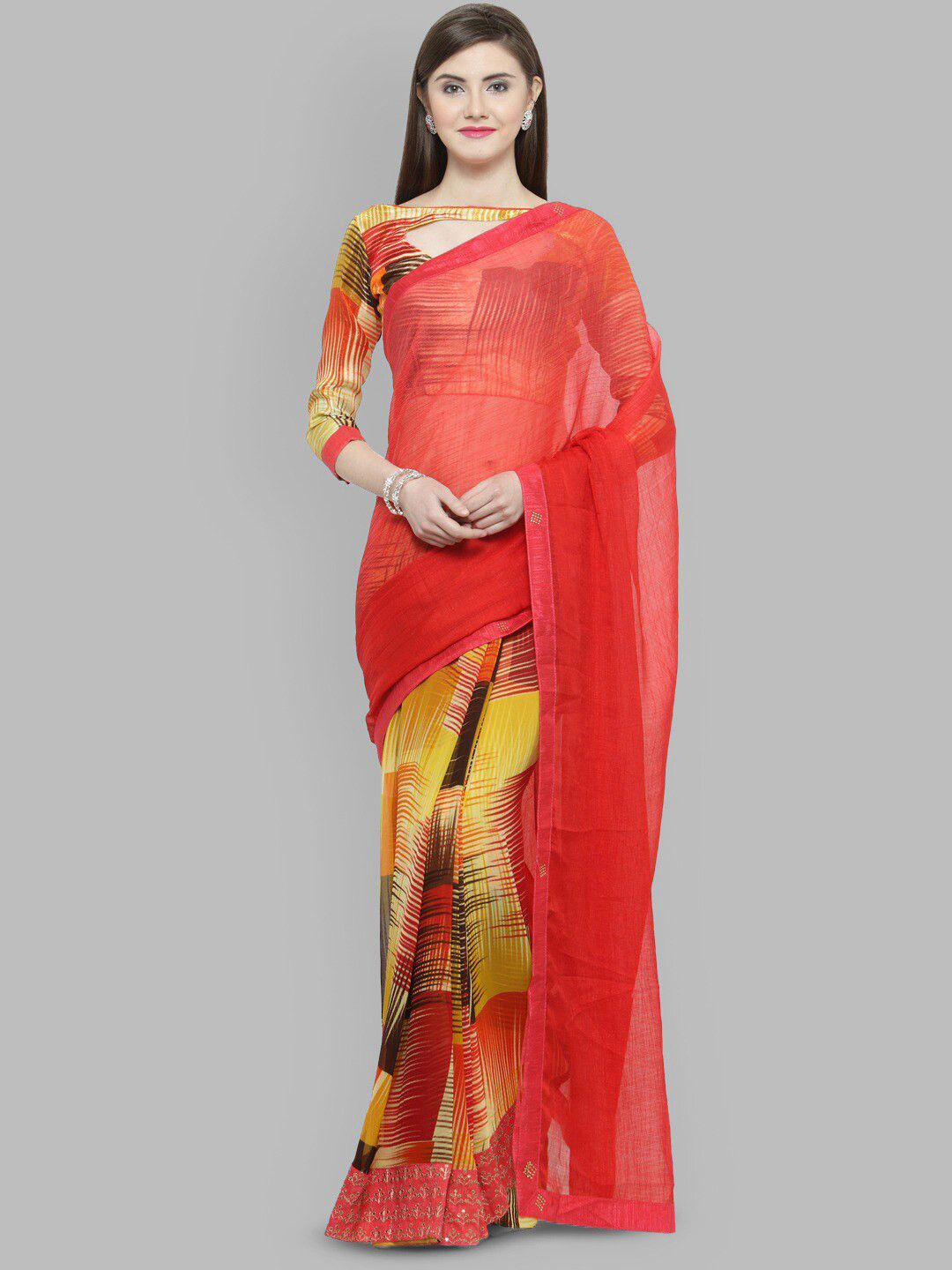 

KALINI Printed Half and Half Georgette Saree, Red