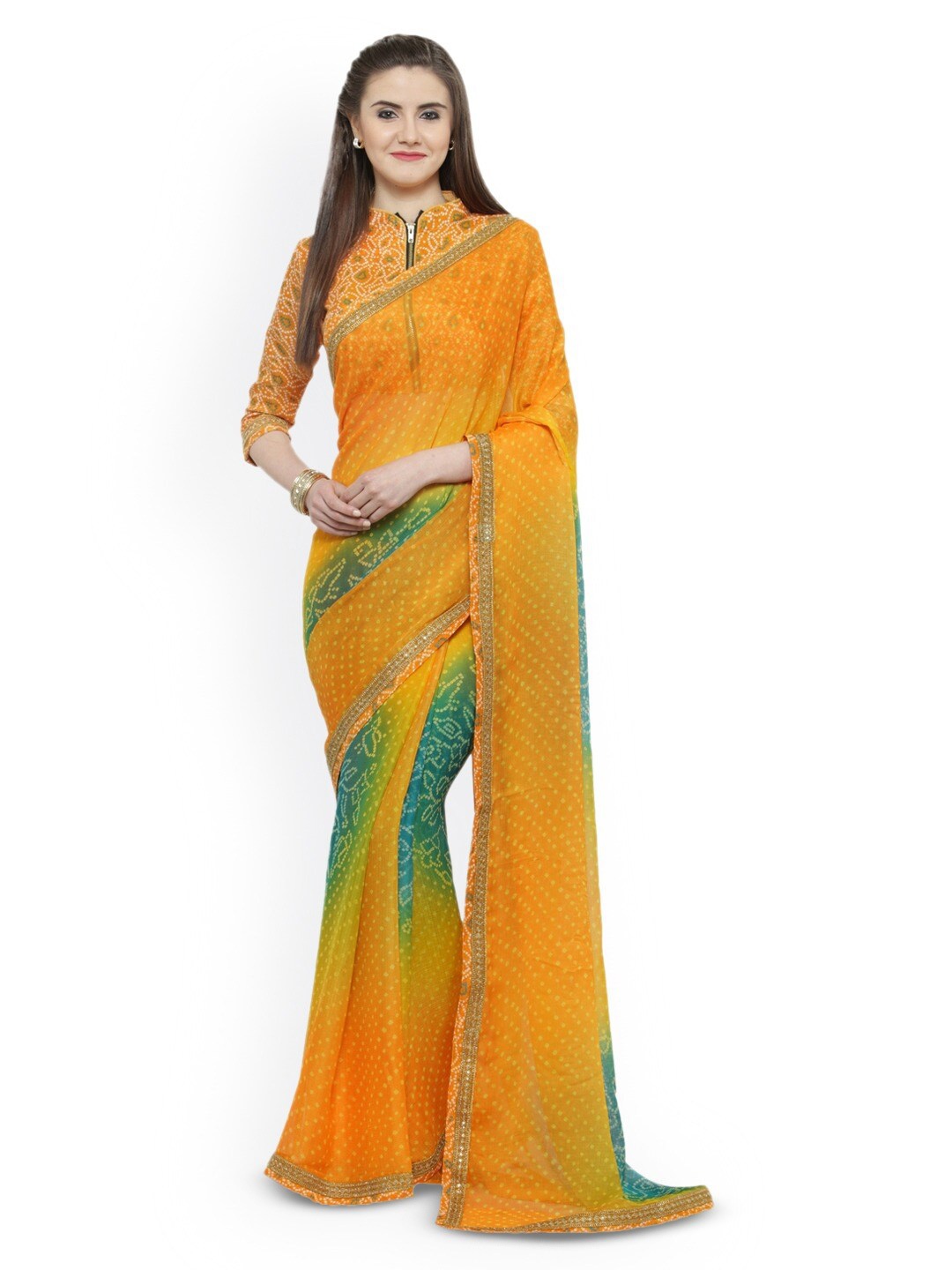 

KALINI Bandhani Printed Zari Chiffon Saree, Orange