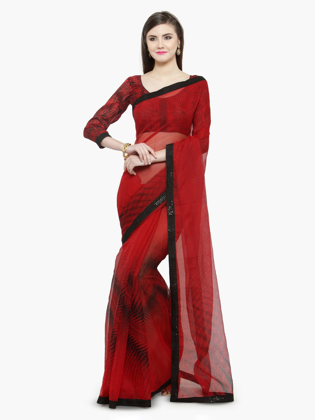

KALINI Geometric Printed Sequinned Net Saree, Red