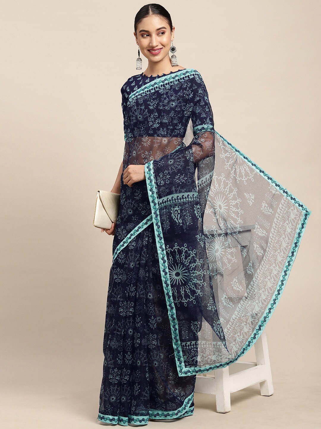 

KALINI Ethnic Motifs Printed Net Saree, Blue