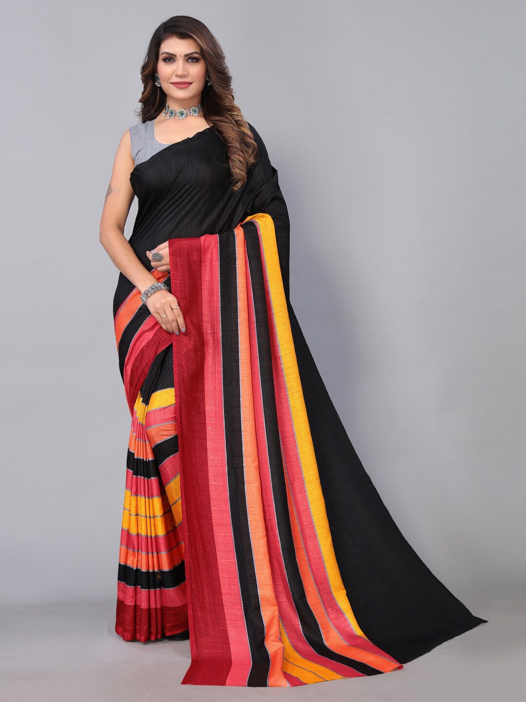 

KALINI Striped Poly Georgette Saree, Black