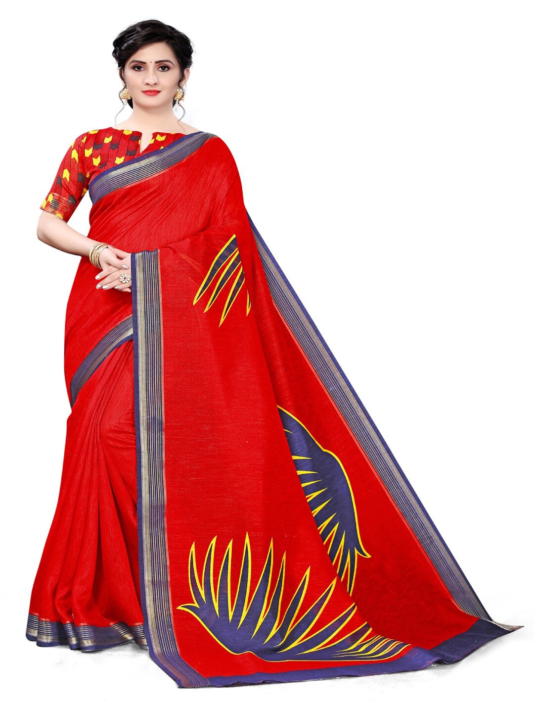 

KALINI Printed Silk Cotton Saree, Red