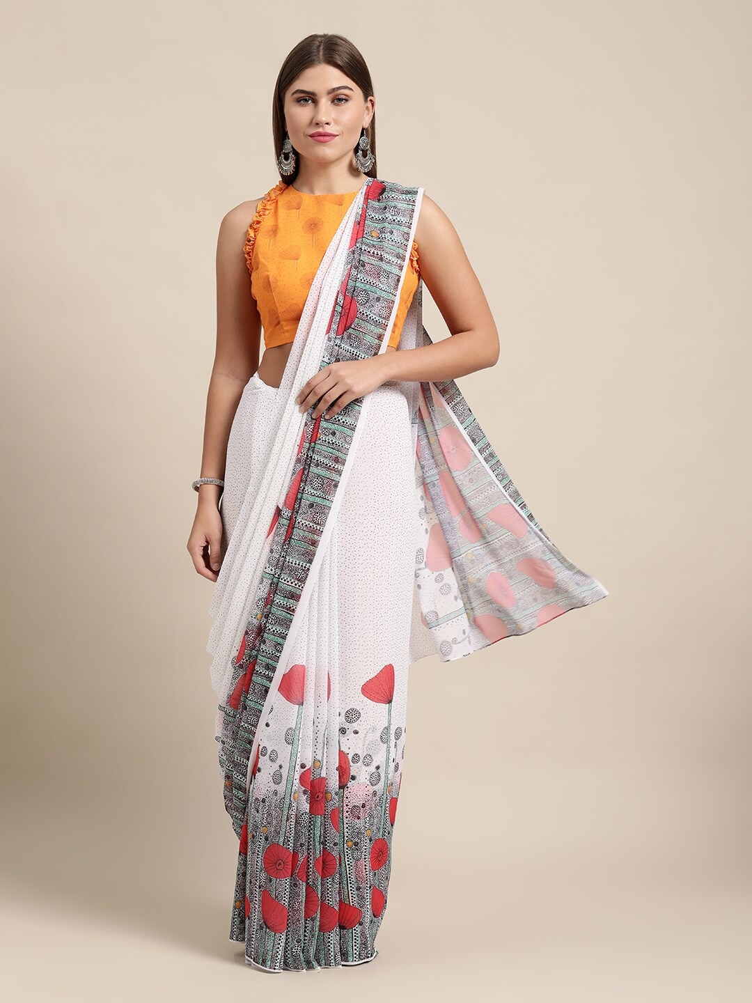 

KALINI Floral Poly Georgette Saree, White