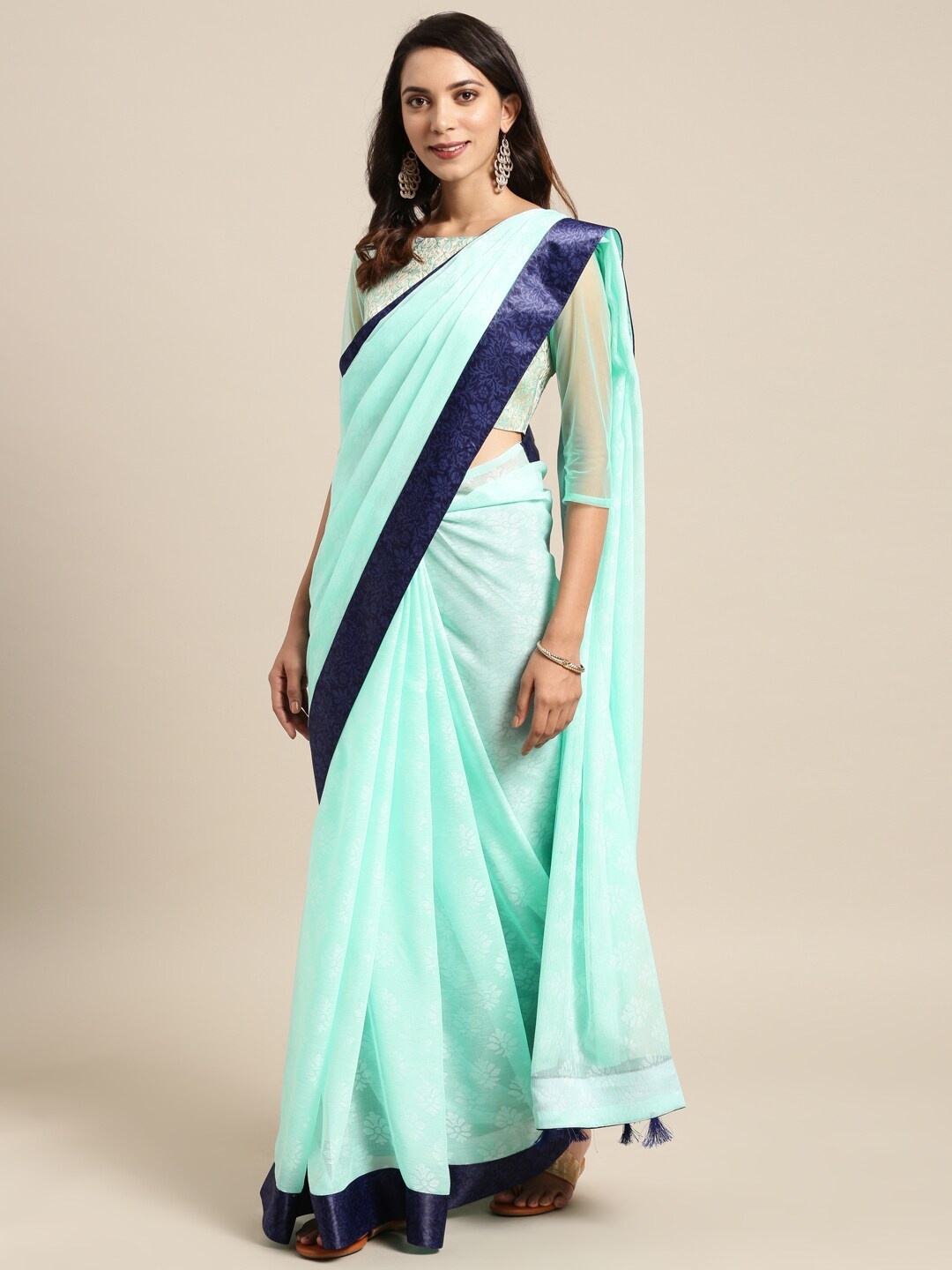 

KALINI Ethnic Motifs Brasso Saree, Turquoise blue