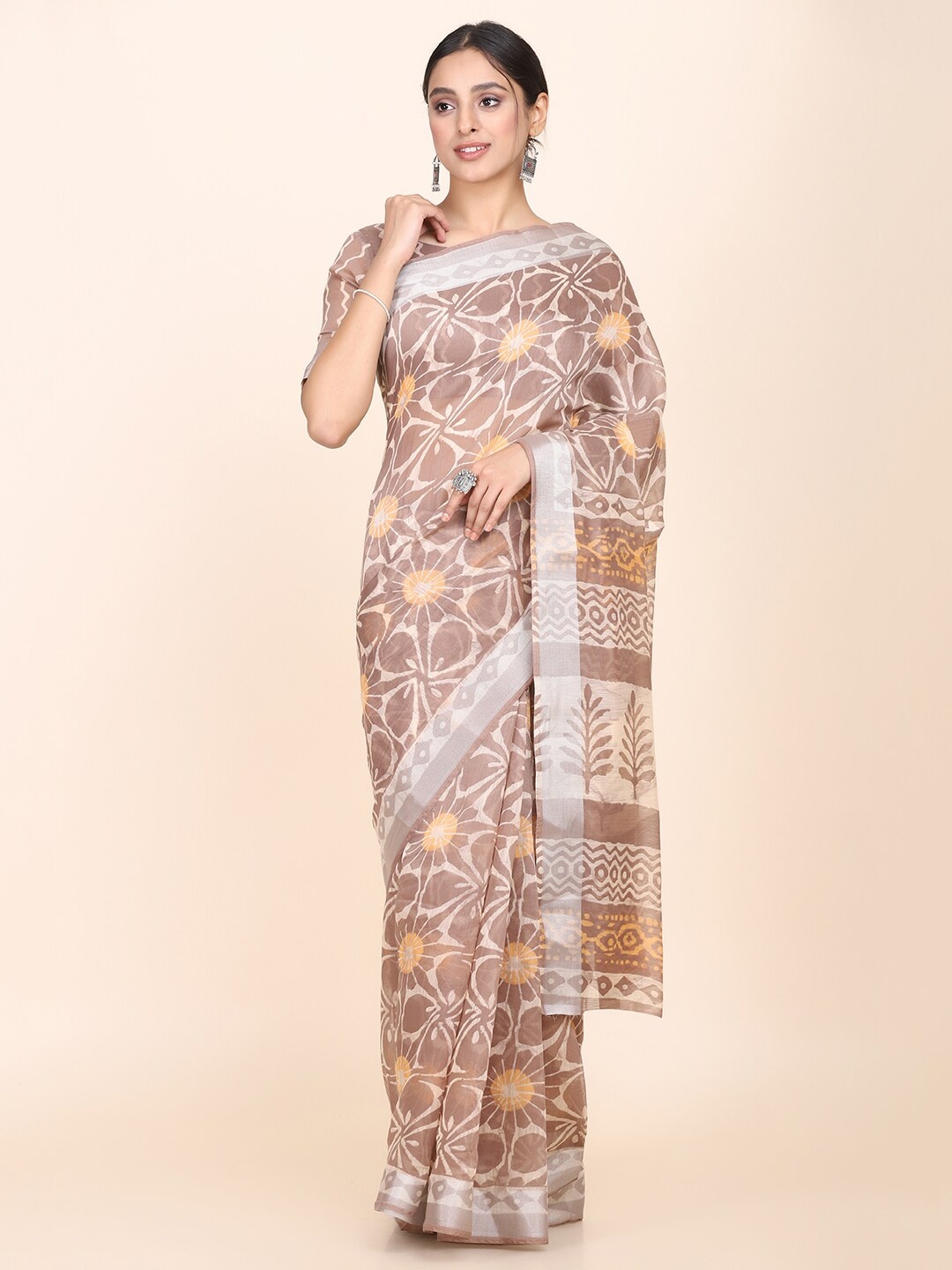 

KALINI Floral Printed Zari Saree, Brown