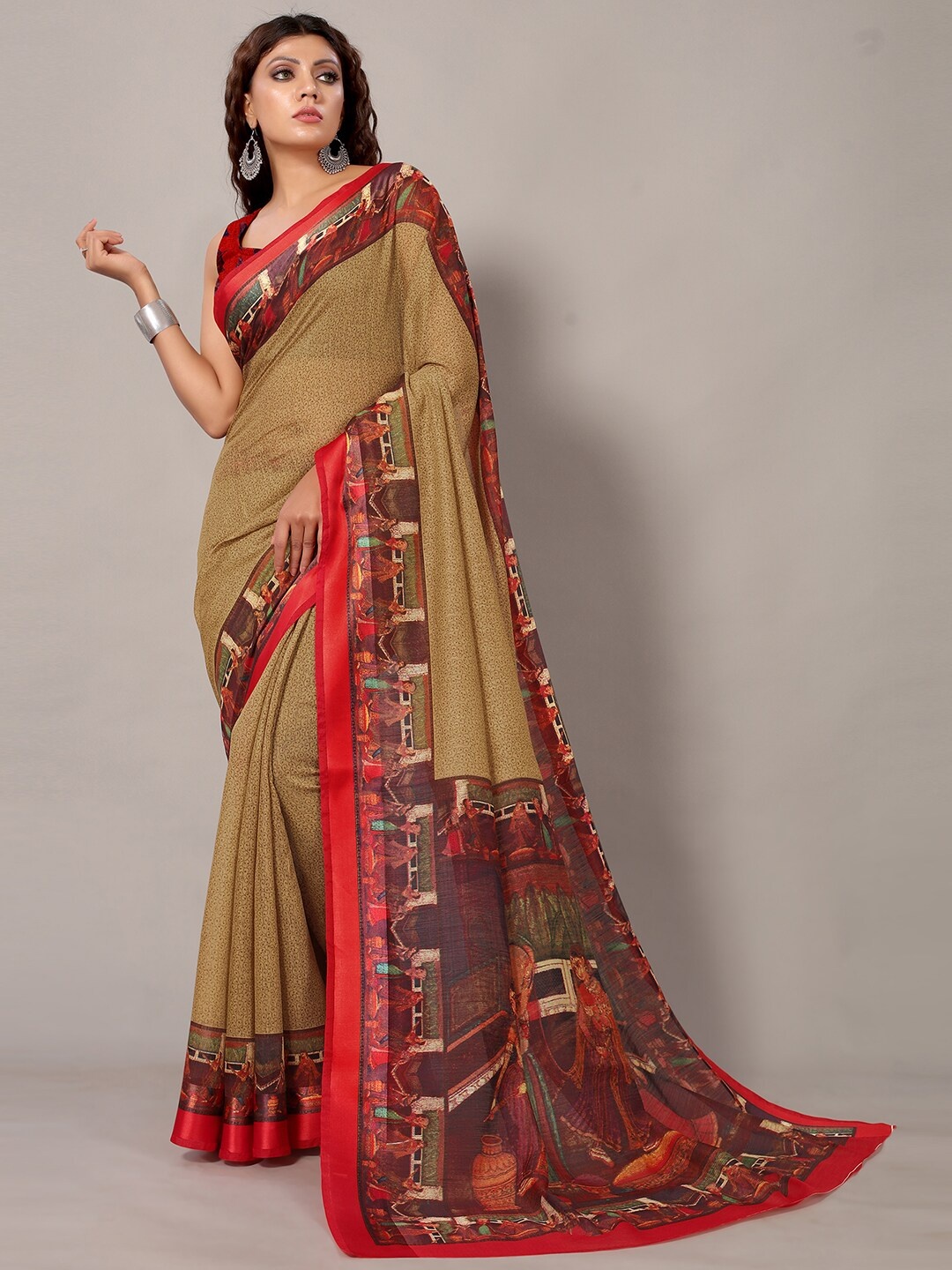 

KALINI Ethnic Motifs Printed Silk Cotton Saree, Beige