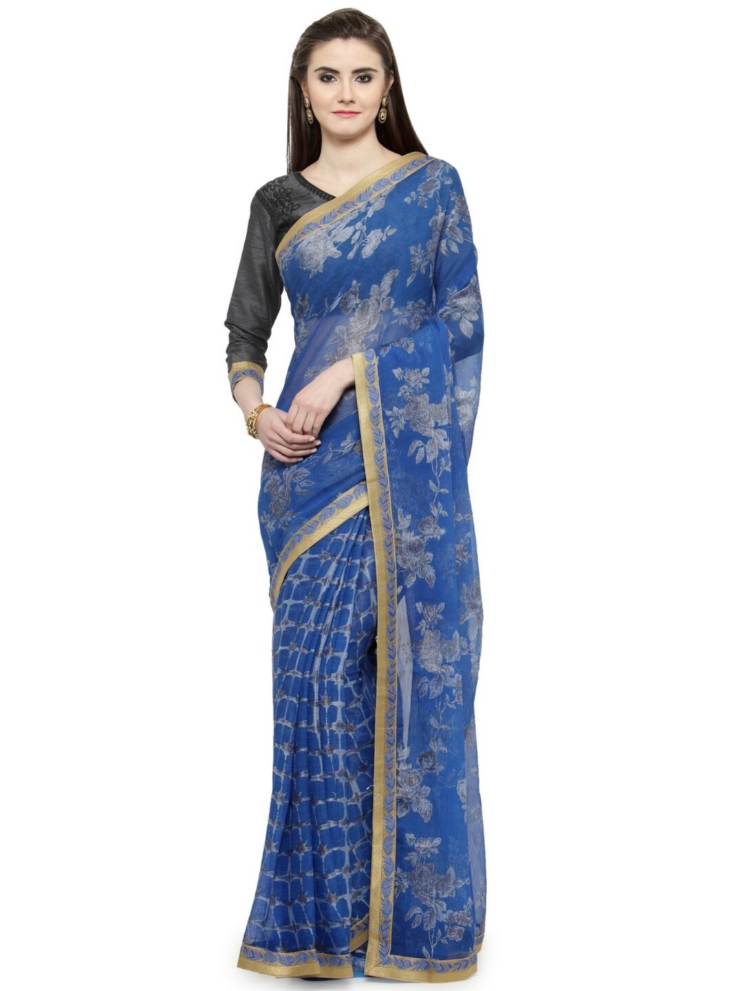 

KALINI Floral Printed Brasso Saree, Blue