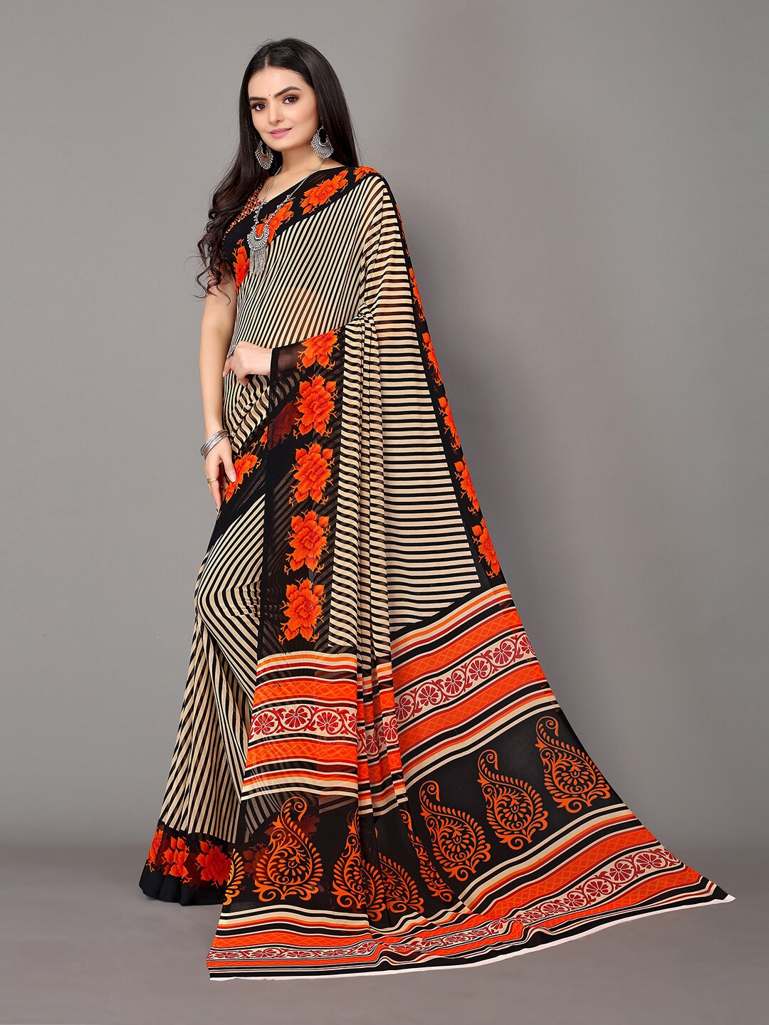 

KALINI Striped Poly Georgette Saree, Orange
